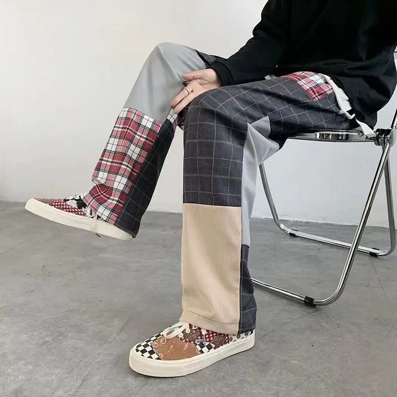 Spliced Patchwork Plaid Men's Pants Y2C Kpop Ins Chic Loser Singer Dance Pants Sexy Club Wide Leg Straight Male Boy Pring Pants