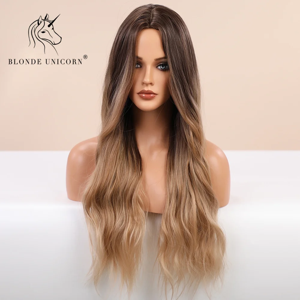 Blonde Unicorn Synthetic Wig Ombre Blonde Brown Long Wigs Middle Part Hair Wig Daily Natural Wavy Heat Resistant Fiber dla kobiet