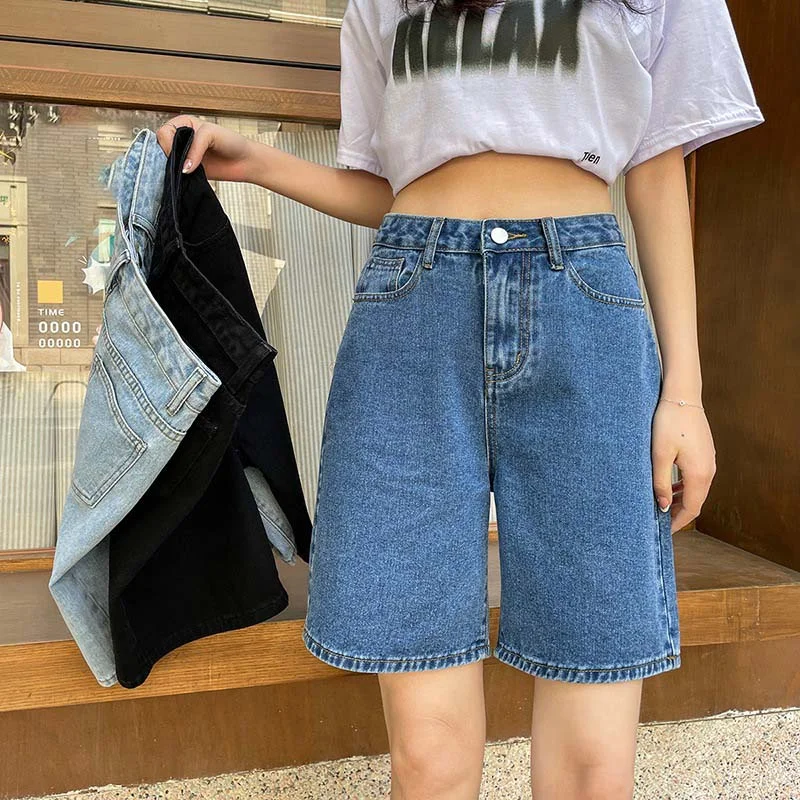 Estilo coreano clássico denim shorts para as mulheres, cintura alta calças perna larga, streetwear