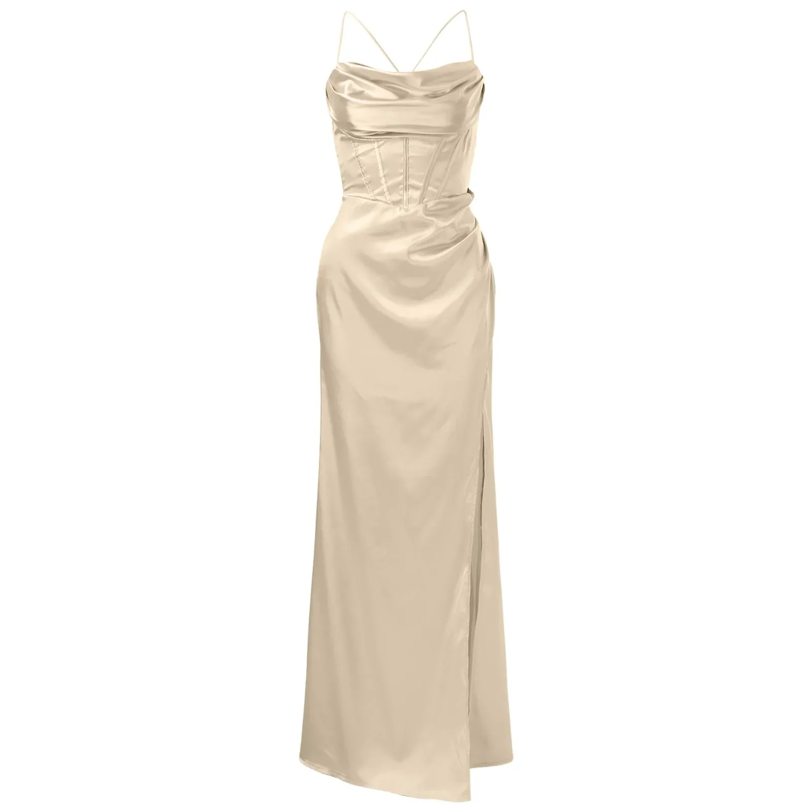 Robe corset en satin à bretelles spaghetti pour femmes, robes de soirée, arête de poisson éducative, push-up, élégante, batterie, longue robe de soirée