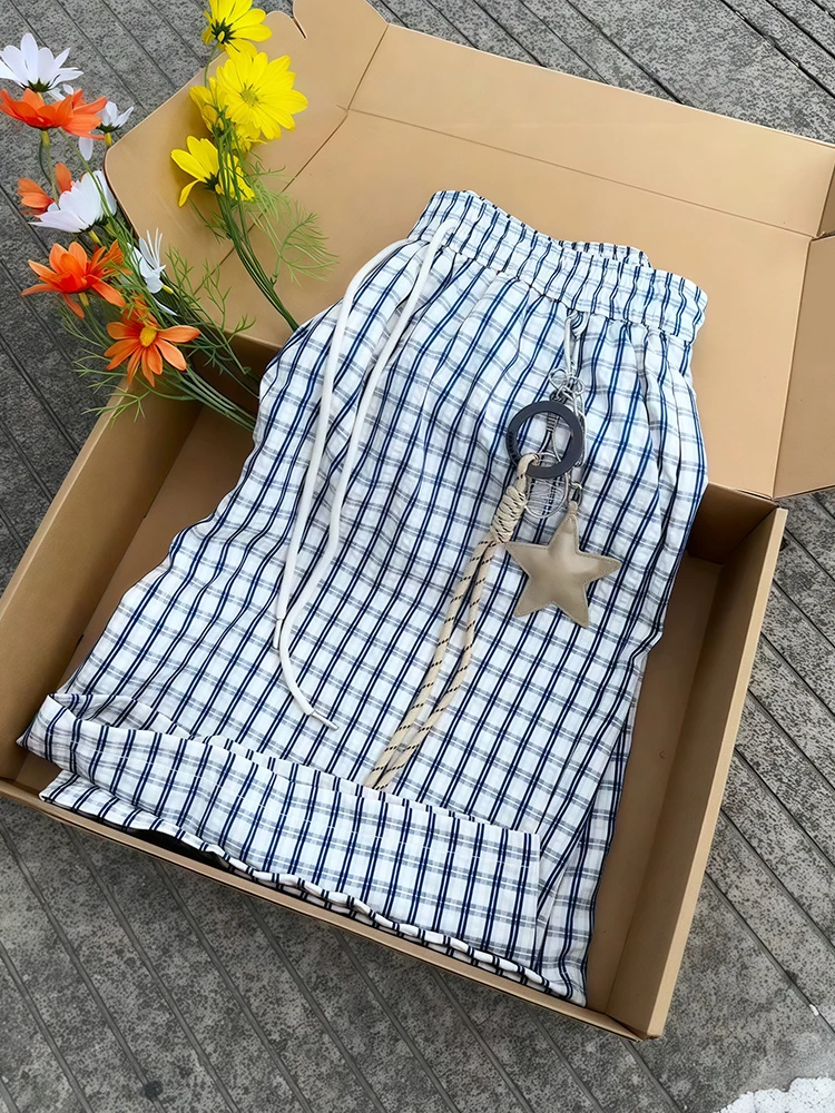 

Летние сине-белые клетчатые хлопковые брюки с пузырьками для пляжной одежды, повседневные брюки длиной пять четвертей для молодежной повседневной носки