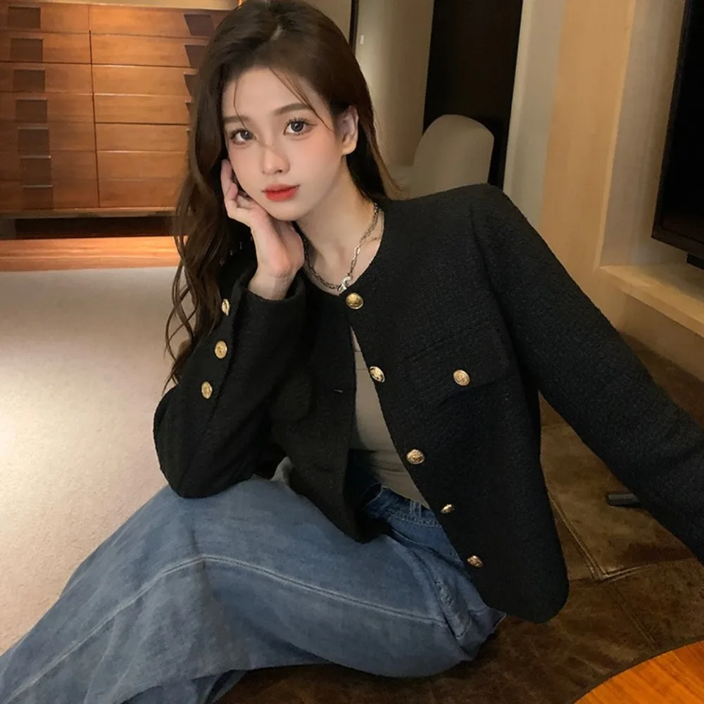 

Slim Tweed Cropped Jacket Long Sleeve Button Elegant Short Coats Streetwear Temperament Woman Vintage Outerwear Spring Autumn