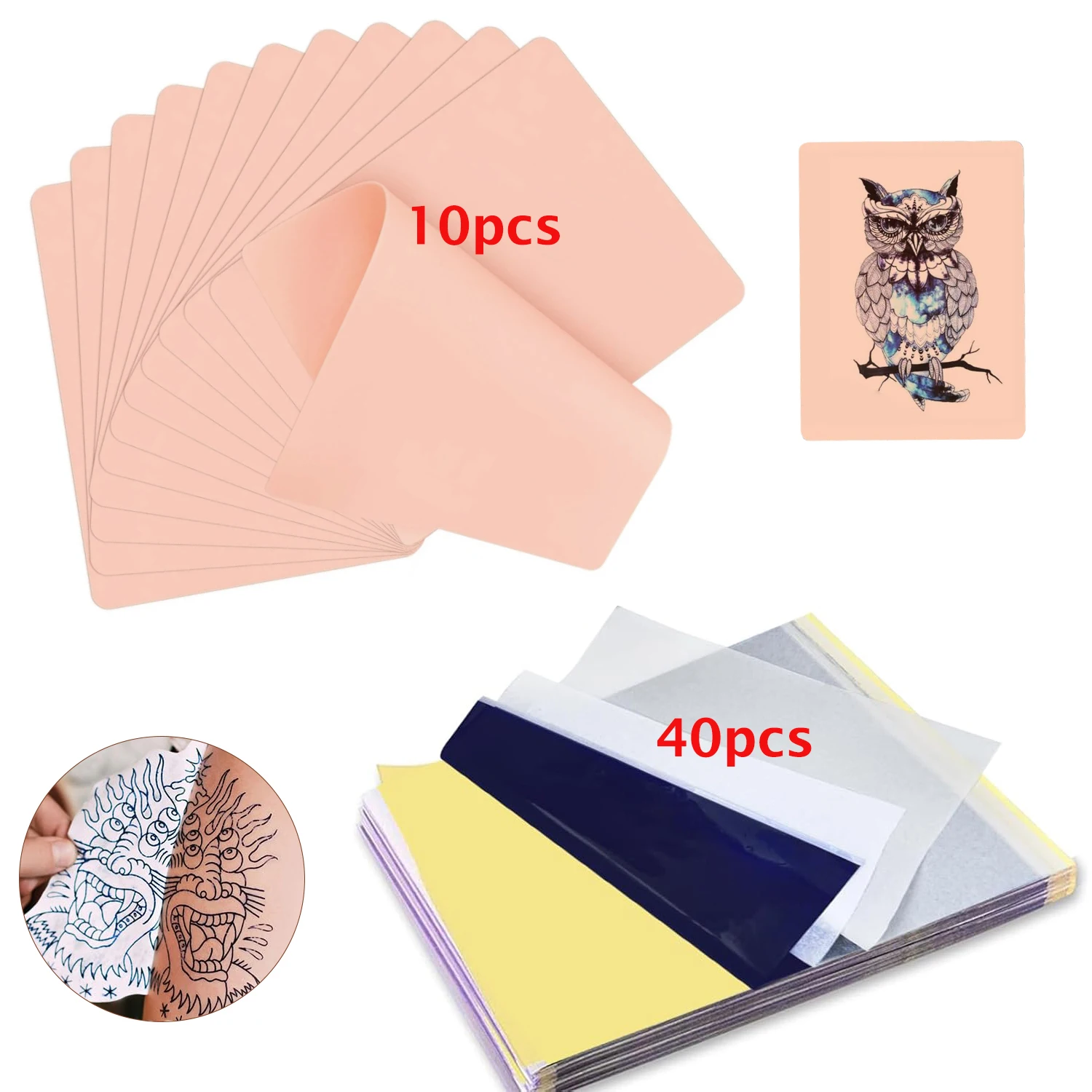 50pcs Blank Tattoo Practice Skin and Transfer Paper Kit Include 10pcs Fake Skins and 40pcs Tattoo Stencil Paper for Beginners