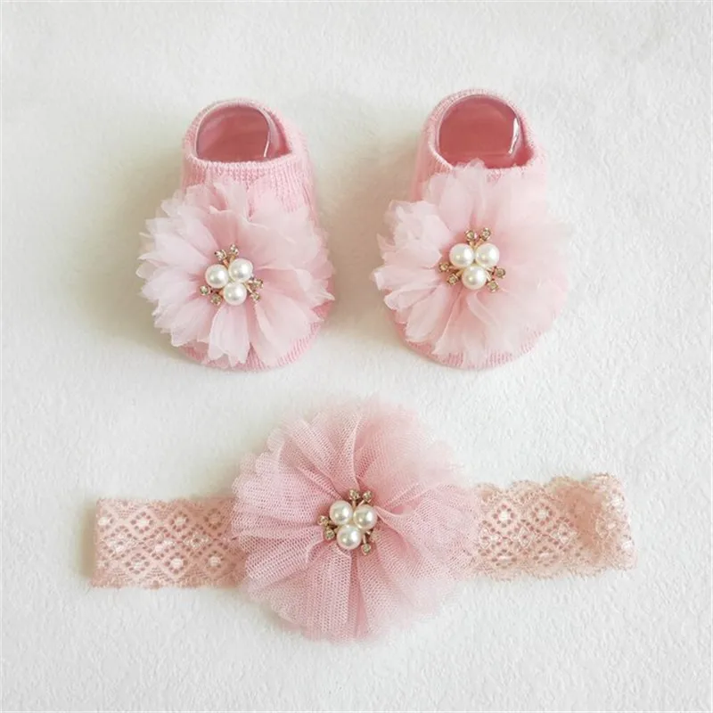 Cute Pearl Bows Baby Headband Socks Set Non Slip Cotton Sock Lace Flower Newborn Hair Band Turban Girl Hair Accessories