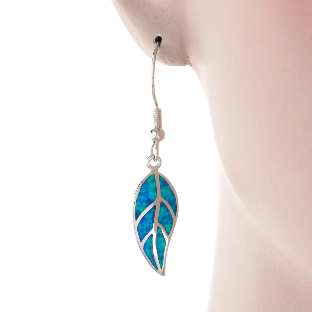 KONGMOON Nature Leaf Shape Ocean Blue Fire Opal Jewelry for Women Dangle Drop Earrings