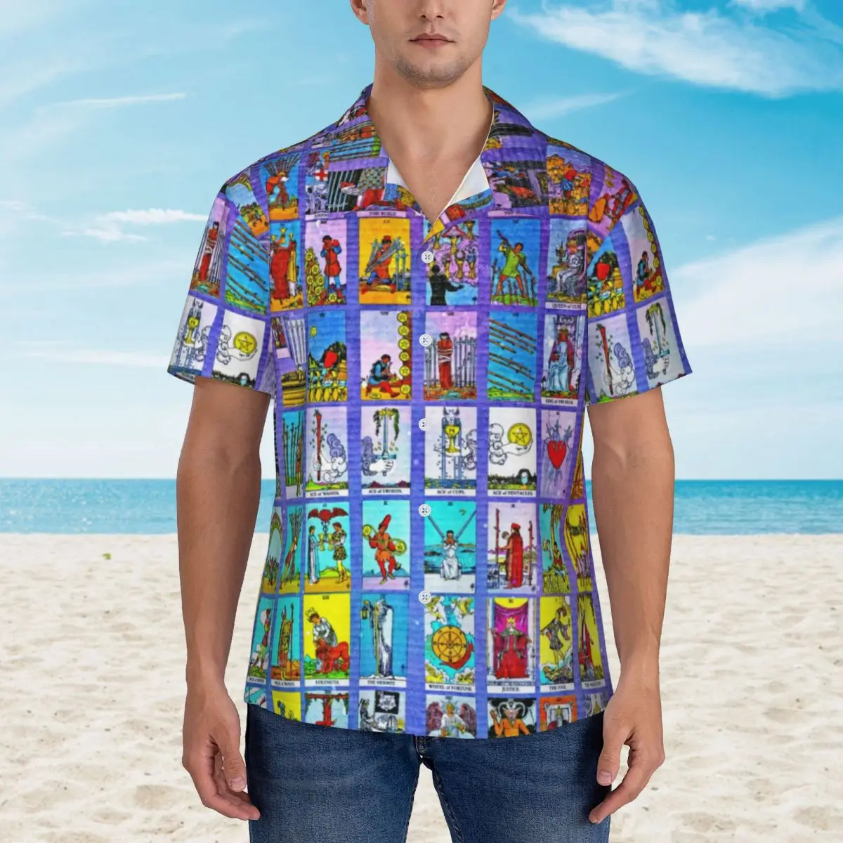 Hawaiian Shirt Vacation Tarot Cards Blouses Major Minor Arcana Elegant Casual Shirts Men Short Sleeve Harajuku Clothing