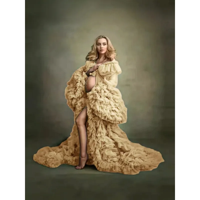 맞춤형 임부복 사진 촬영 드레스, 자수 튤 가운, 트레인 포토그래피 로브 (임산부용)