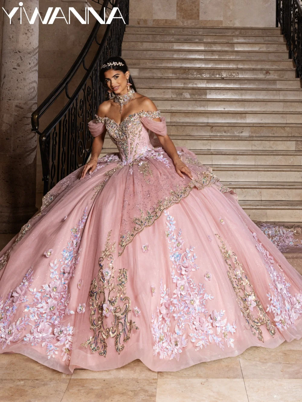 

Pink Embroidery Beaded Lace Quinceanera Dress Sweet Elegant Bow Off Shoulder Evening Gown Glamorous Sweet 15 Party Vestidos