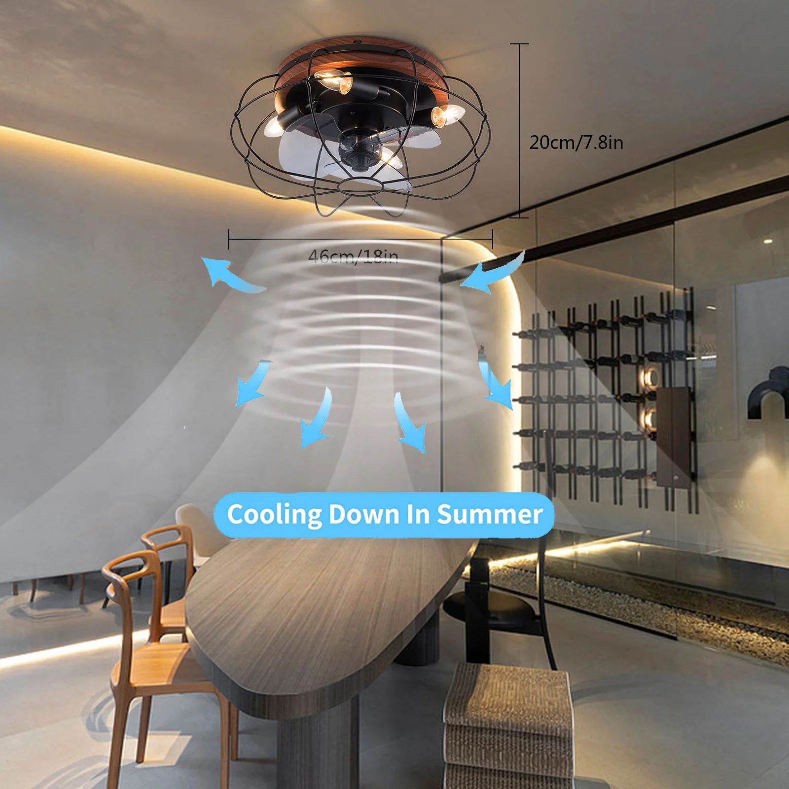 

Потолочный вентилятор 18 дюймов с подсветкой, 35 Вт, 3 лопасти вентилятора с дистанционным управлением, потолочный вентилятор для скрытого монтажа, 8-15 ㎡ Зона освещения