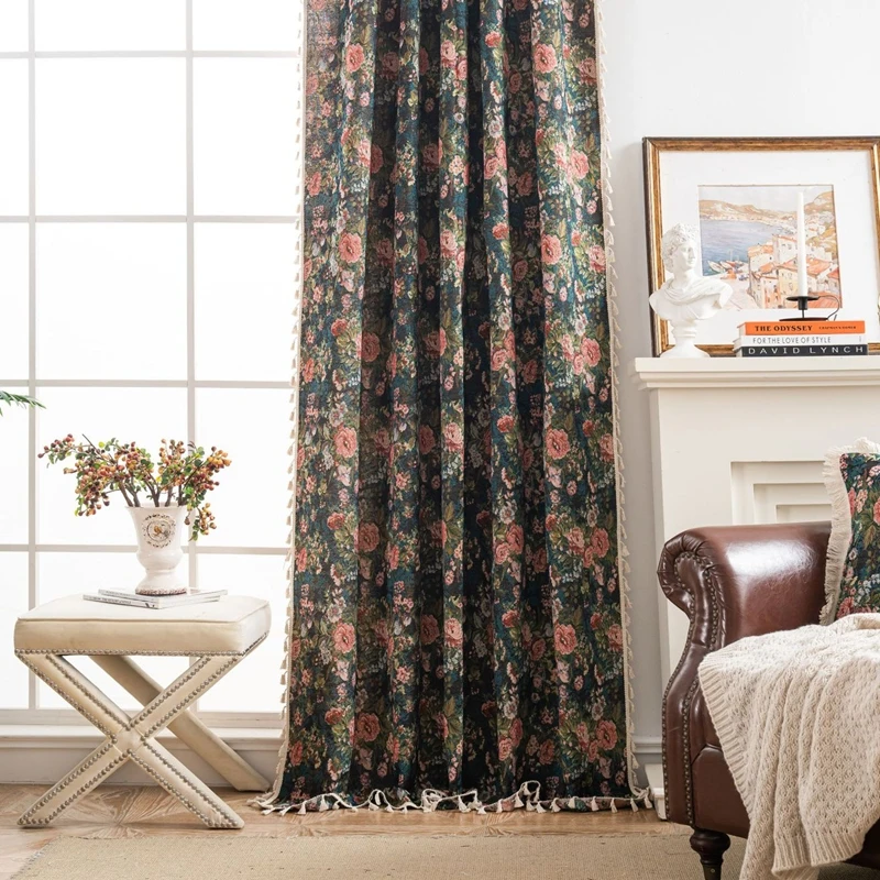 American Style Retro Semi-blackout Living Room Jacquard Tassel Curtains Bedroom Balcony Cotton Hemp Decorative Valance 1 Piece
