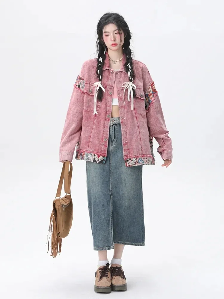 2023 Spring Summer Season Retro Dirty Pink Denim Coat Women Ethnic Style Fashion Casual Loose Spliced Denim Jacket Female