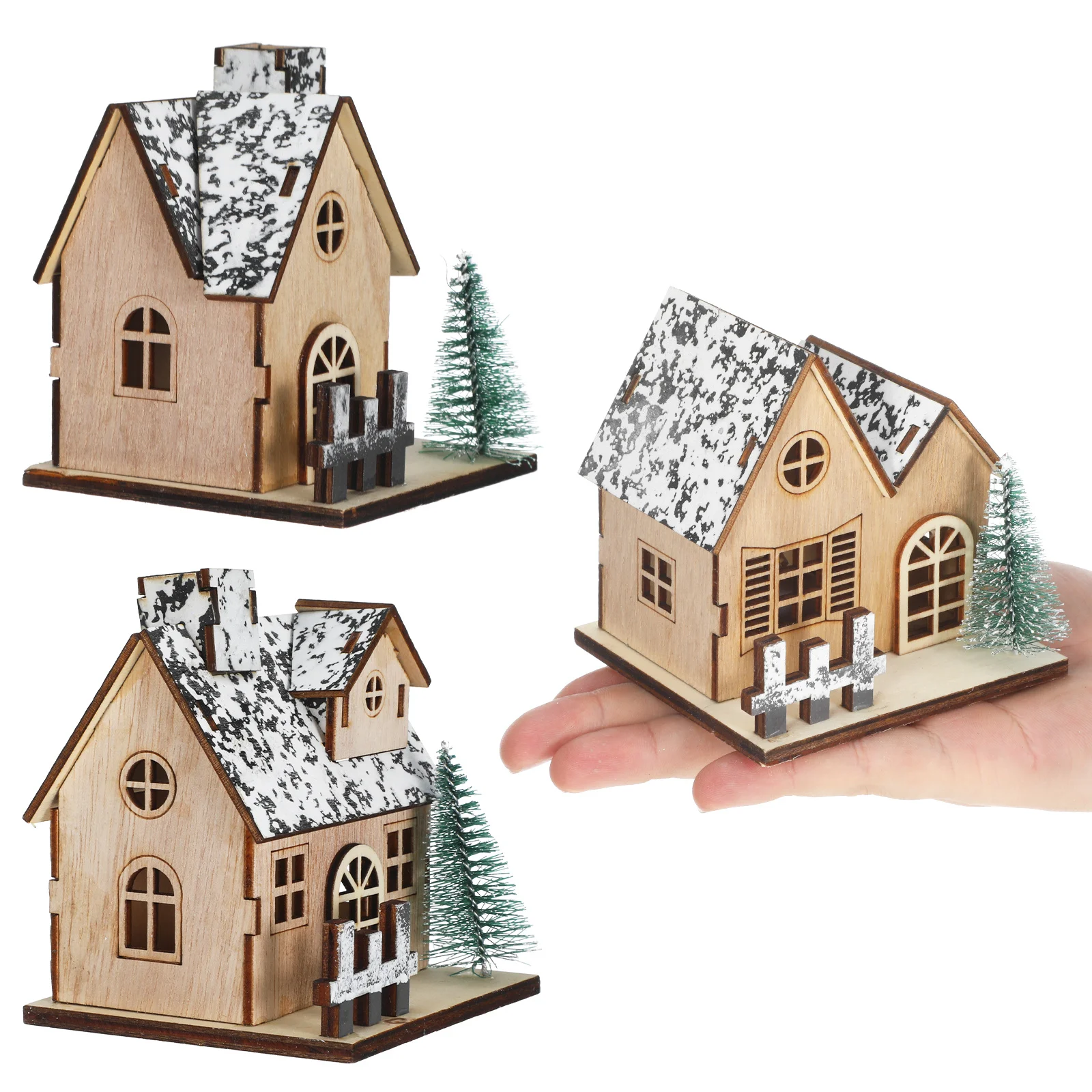 

3Pcs LED Lighted Wooden Christmas Houses - Mini Christmas Village Set for Holiday Home Decor Rustic Glowing Cabin Ornaments