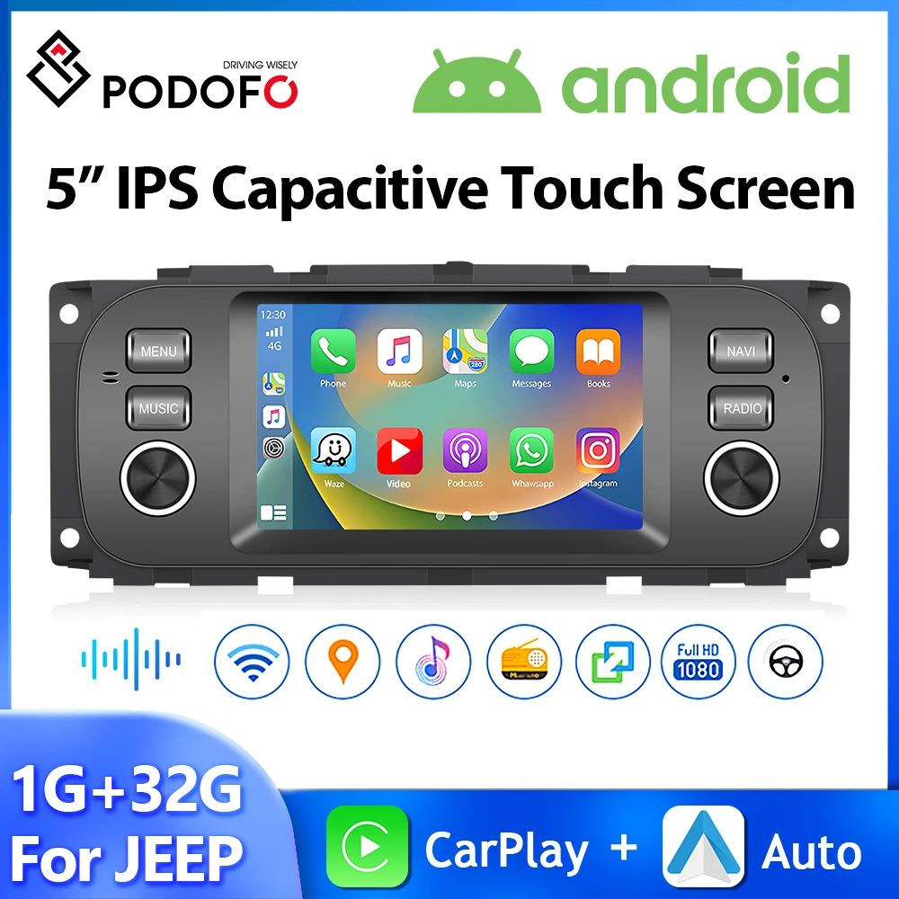 

Podofo 5'' Android Car Radio For JEEP Chrysler/Wrangler/Dodge Multimedia Video Player Wireless Carplay Android Auto WIFI HiFi