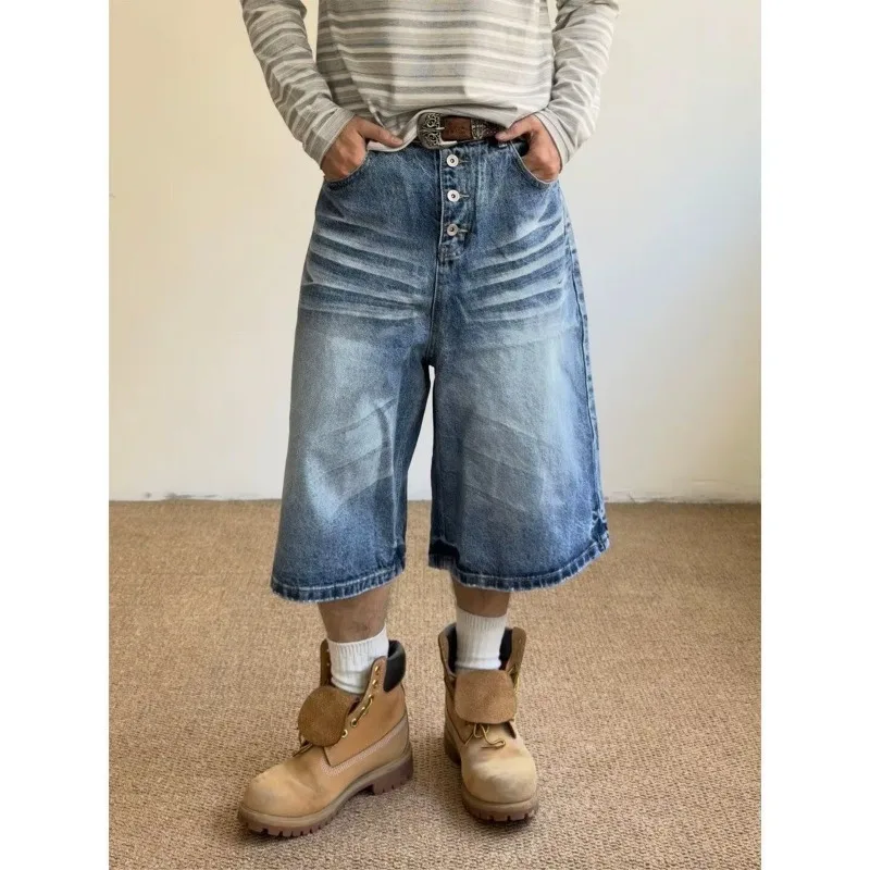 Summer Women's Cat Whisker Breasted Denim Shorts Unisex Calf-length Pants High Waist Half Trousers Female Wide Leg Streetwear
