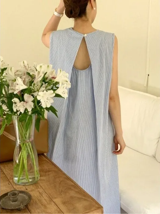 Minimalist Lazy Style Hollow out Back Loose Slimming Sleeveless Striped Dress Korean Style Women's Fashion Spring Autumn Wint...