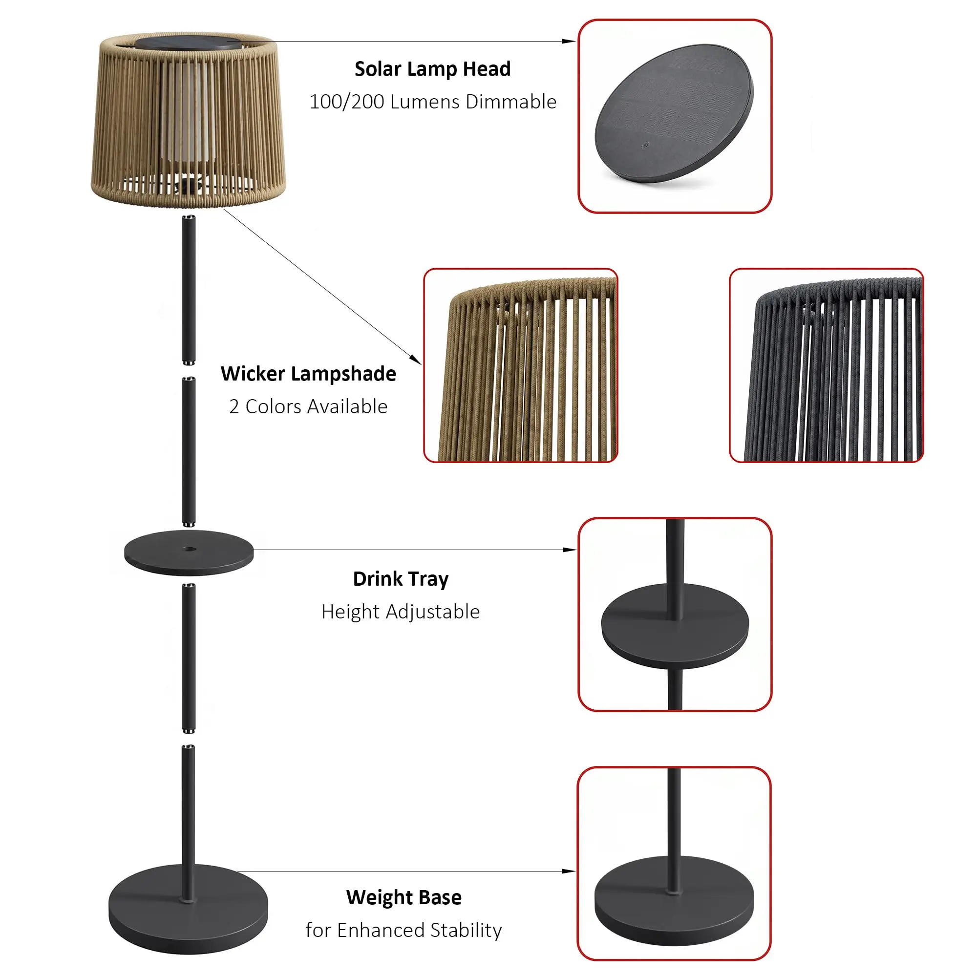 63" Solar Wicker Outdoor Floor Lamp 100/200LM Dimmable,Natural image 3