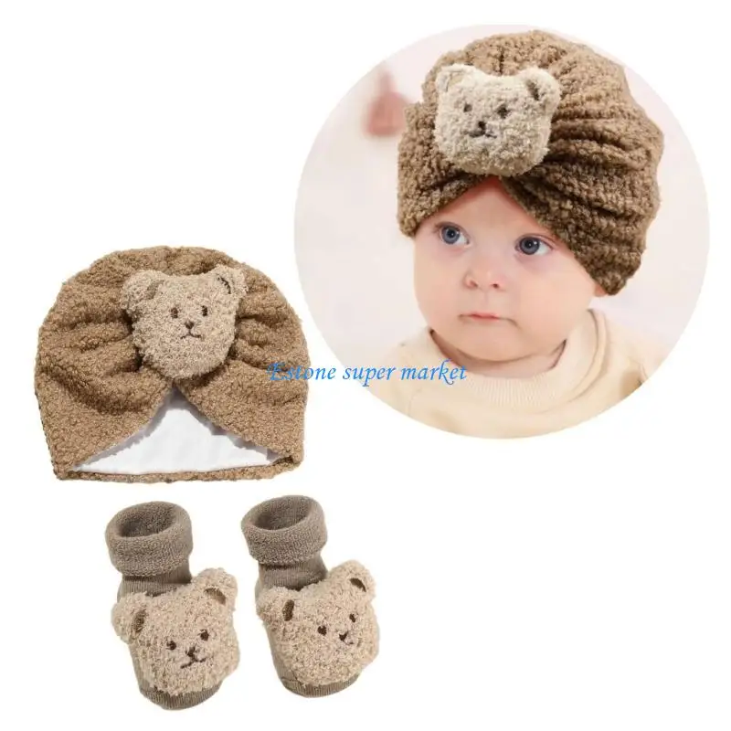 090B Baby Hat and Floor Socks Set for Infants Lovely Bear Bonnet Caps 2-6M Newborns
