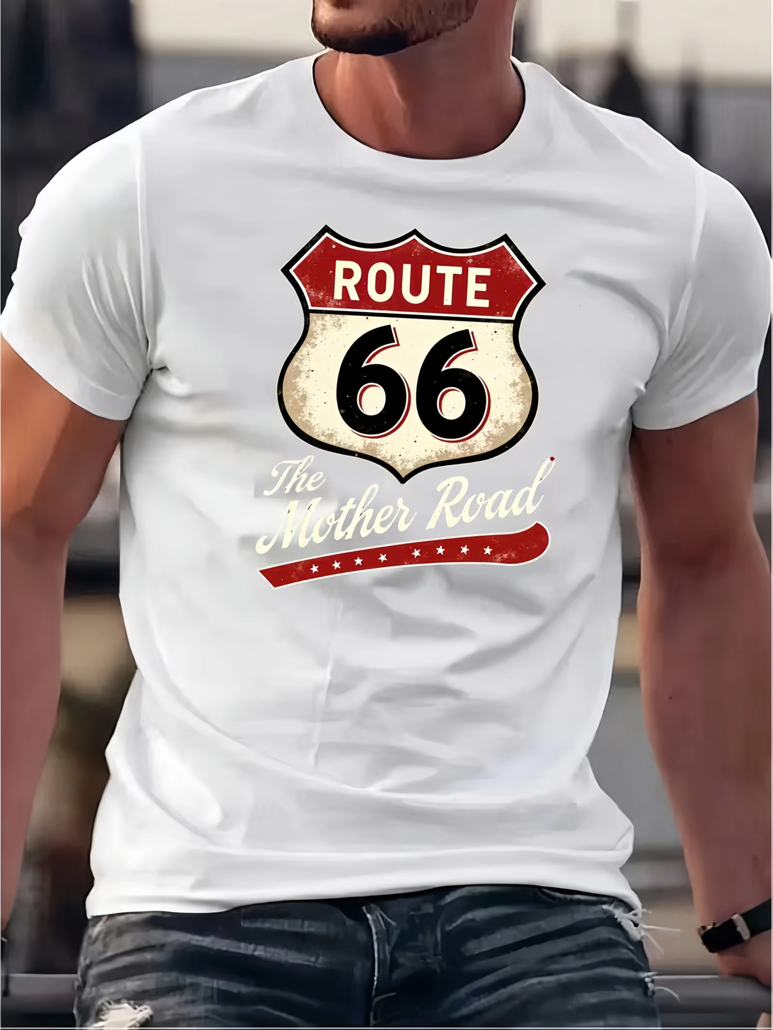 Distressed Route 66 "The Mother Road" Aufdruck auf Premium Weichem 100% Baumwoll-Herren-T-Shirt Perfekt für Sommerlichen Casual Streetwear-Stil – Detail 4