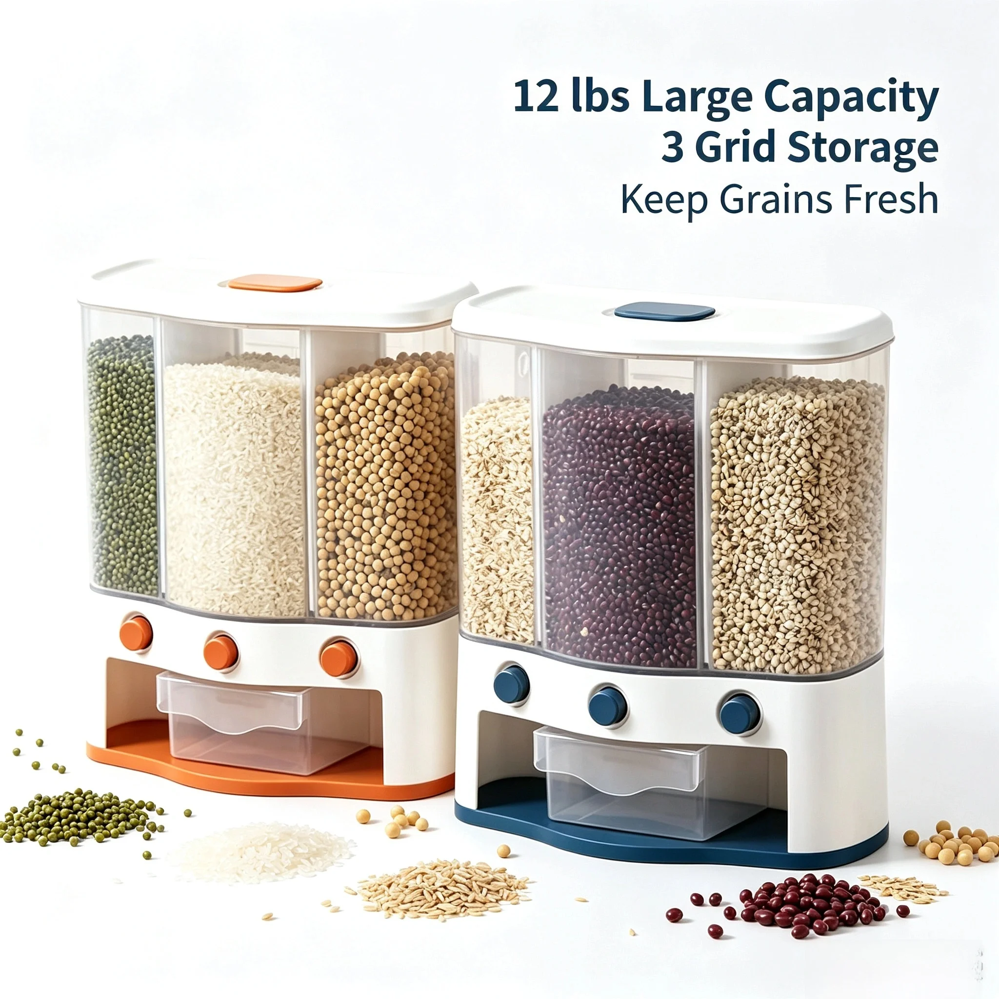 3 Grid Wall Mount Grain Dispenser 12Lbs Capacity Press Cereal Storage Container Moisture Proof Kitchen Rice Organizer With