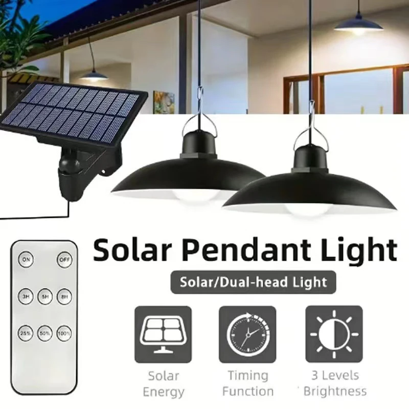 

Solar Pendant Light Outdoor Waterproof LED Lamp Double-head Chandelier Decorations with Remote Control for Indoor Shed Barn Room