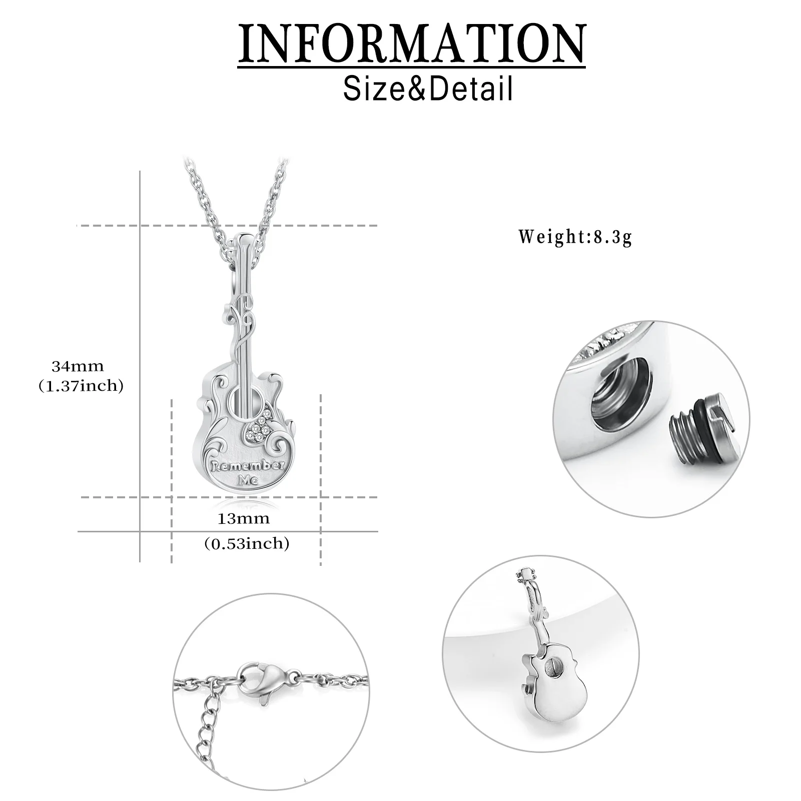 Guitar Urn Necklace for Ashes Stainless Steel Pendant Cremation Jewelry Keepsake Musician Memorial Gift for Women Men