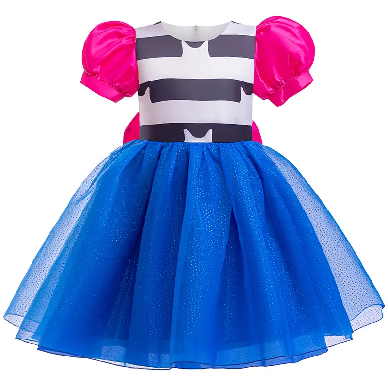 Kinder-Katzen-Themen-Cosplay-Kleid für Mädchen, Puffärmel, gestreiftes Oberteil, glitzerndes blaues Tüllkleid für Geburtstagsfeiern und Freizeitkleidung – Detail 2