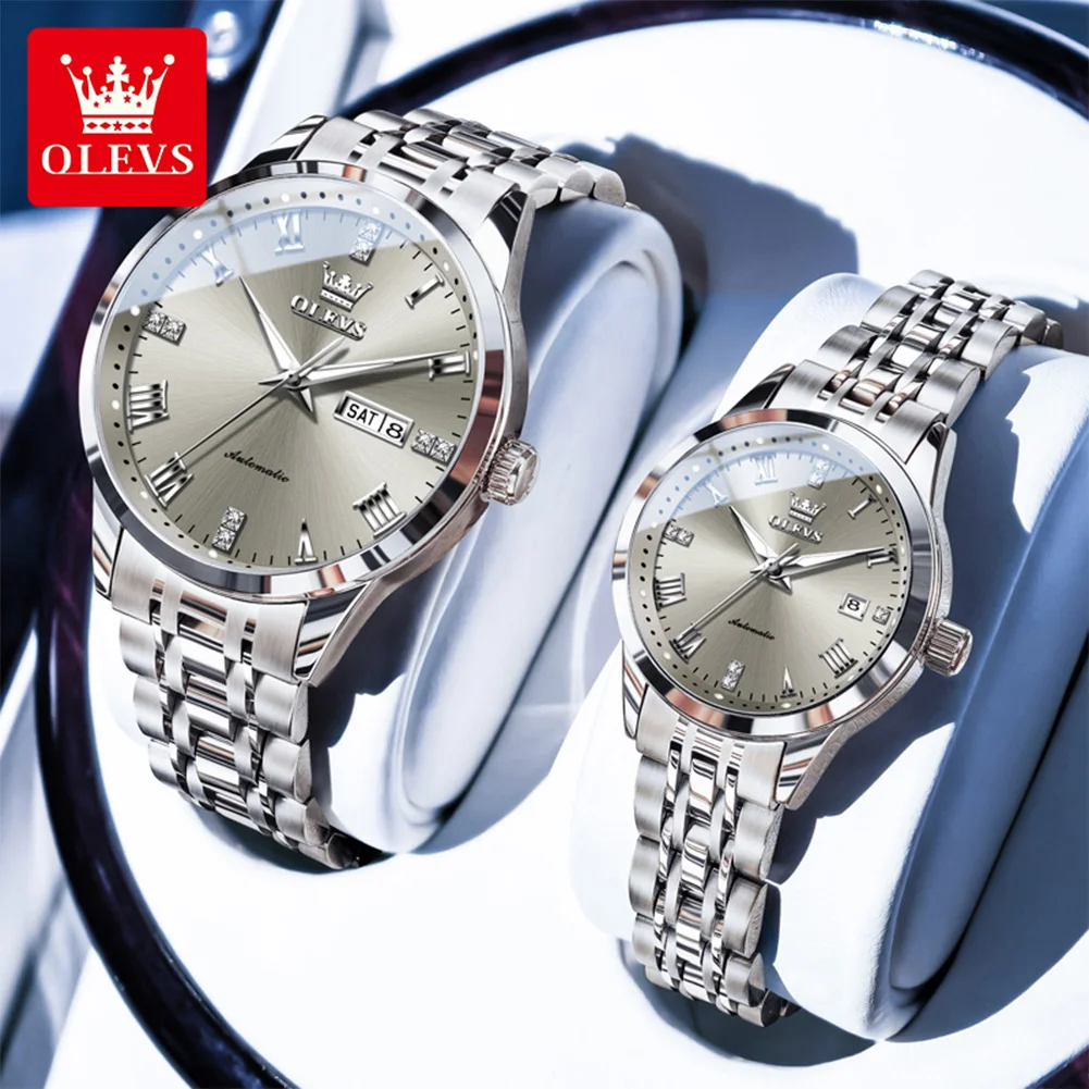 OLEVS 7062 Couple Watches Top Brand Fashion Original Automatic Mechanical Wristwatch Waterproof Luminous Date Roman Dial Reloj
