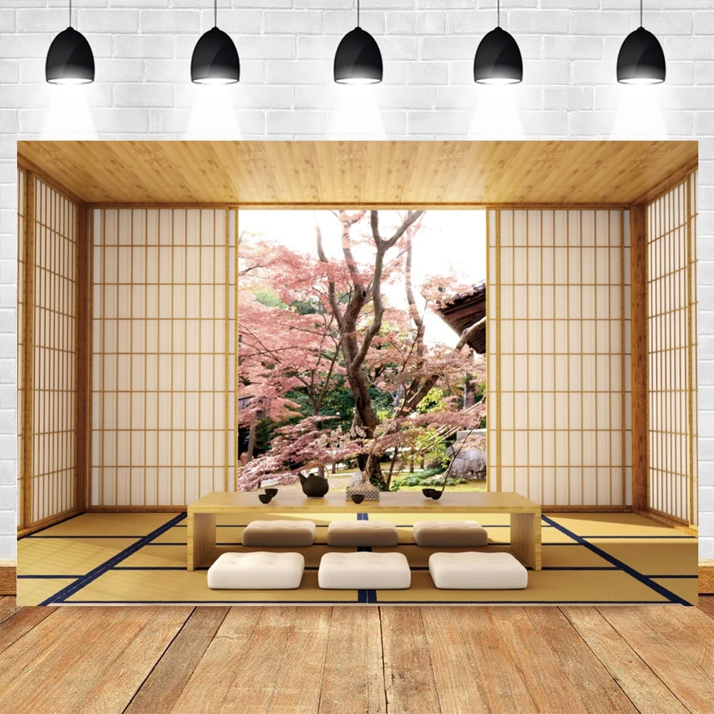 Fondo de fotografía de paisaje japonés, ventana de madera, flores, decoración de porche, Retrato, sesión fotográfica, estudio fotográfico