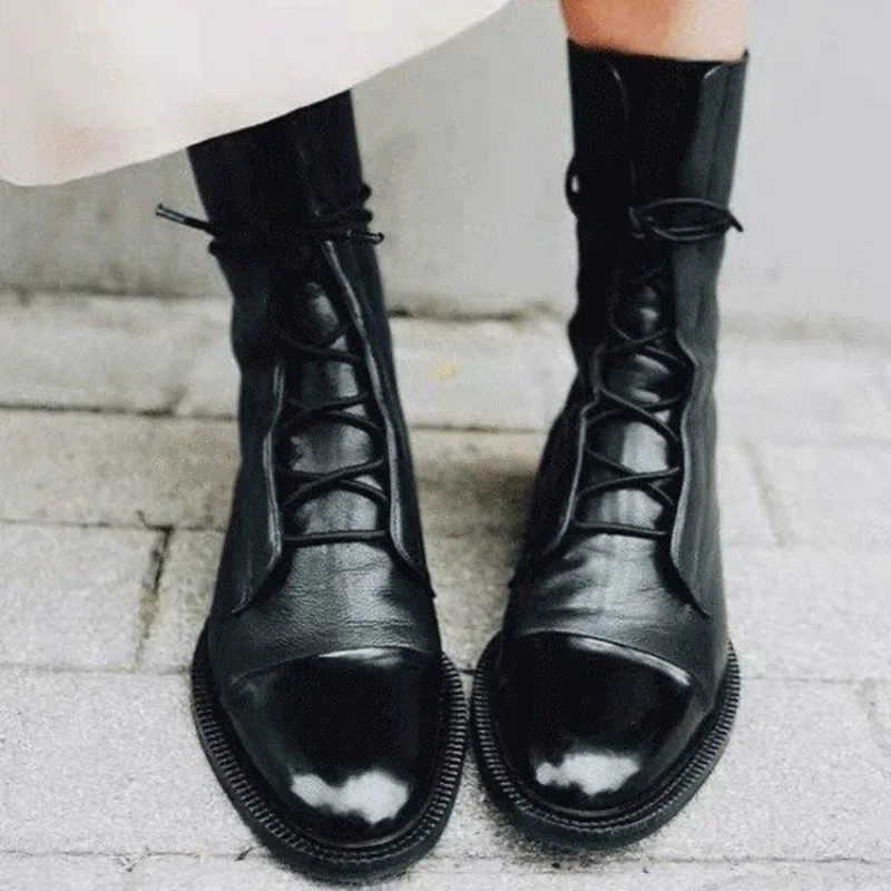 New Women Shoes Pu Leather British Style Lace-Up Flat Mid-Calf Shoes Pointed Toe Boots Handsome Motorcycle Boots Women Boots