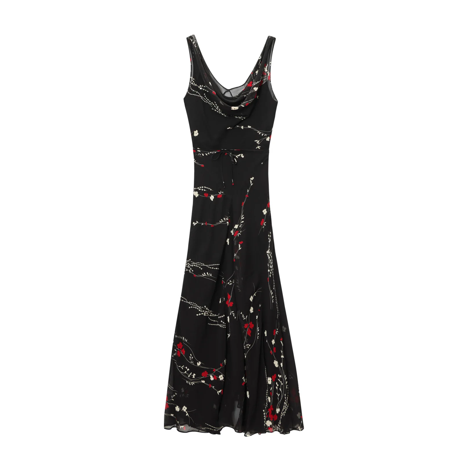 

2025 Summer Thin Dress Fashion Print Sleeveless Long Dress Women High Waist Lace-up Drape Party Holiday Elegant Dress