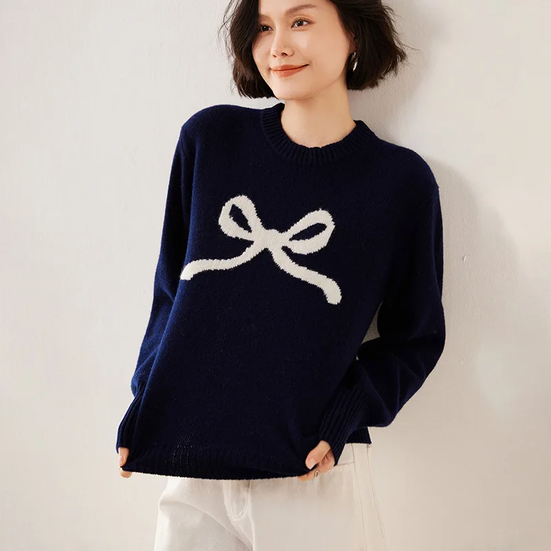 Autumn and Winter New Seven-Pin Thickened Wool Sweet Style Women's round Neck Pullover Knitted Long Sleeve Sweate