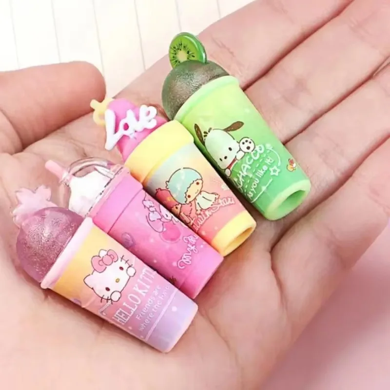 Sanrio Hello Kitty My Melody Pen Cap Eraser 7Pcs Set Kawaii Summer Drink Styling gomma forniture di cancelleria per studenti regali per bambini