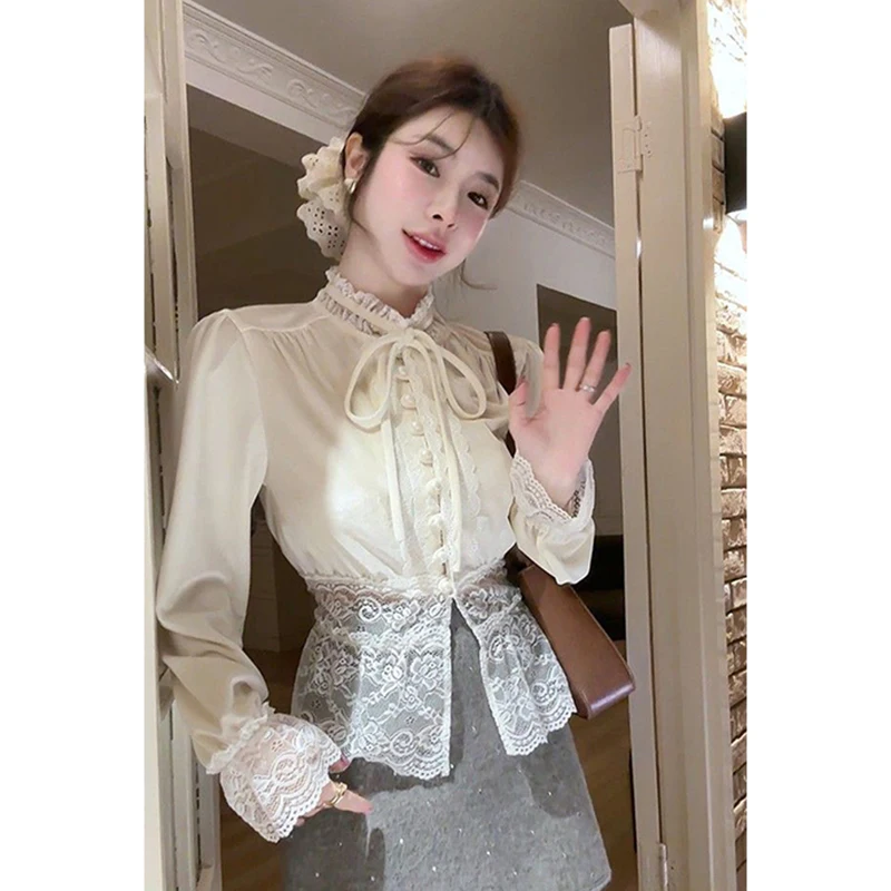 

MEXZT Vintage Lace Shirts Women Elegant Lace Up Patchwork Blouses Spring Ladies Korean Stand Flare Long Sleeve Slim Design Tops
