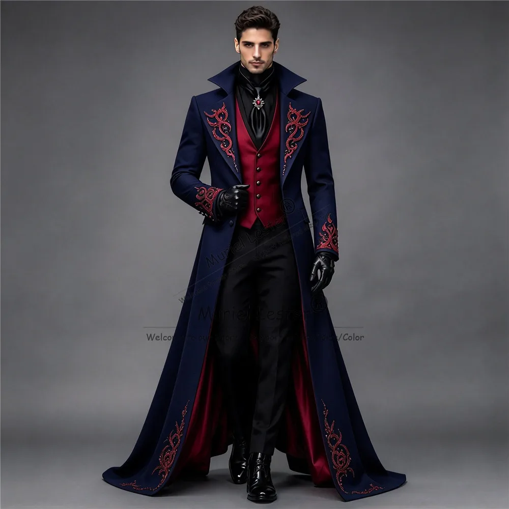 Luxury Groom Wedding Tuxedo Suit Long Sparkly Crystals Victorian Men Tailcoat High-End Customized Gothic Style Man Party Outfit
