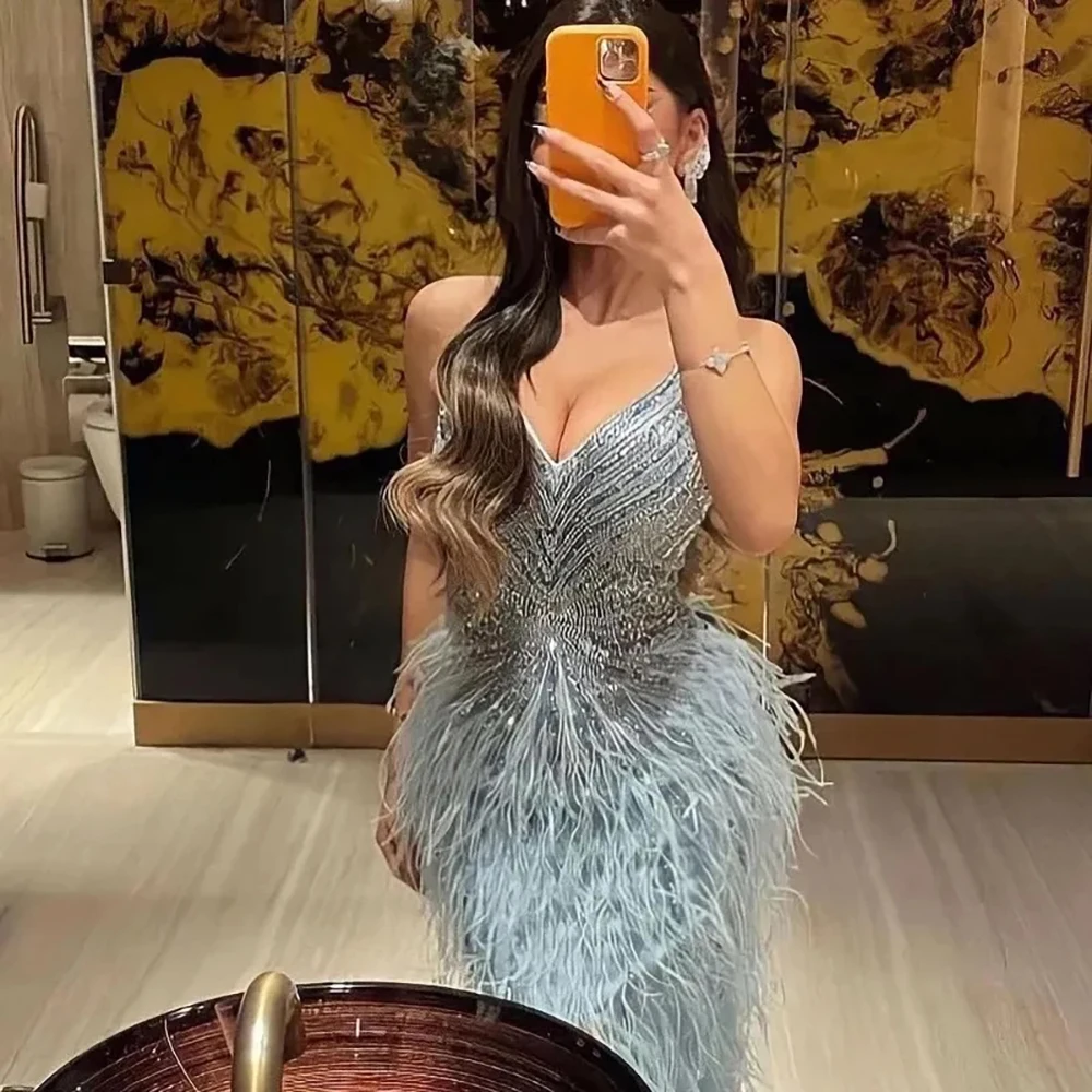 Eshault&bridal Feather Evening Dress for Women Elegant Mermaid Spaghetti Straps Arabia Formal Prom Wedding Party Gown Customized
