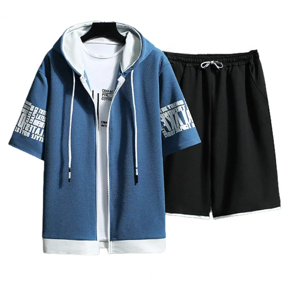 Moda Masculina Conjuntos Com Capuz Verão Casual Sportswear Homens Manga Curta Zipper Tops + shorts 2 Peça Hip Hop Streetwear Masculino Tricô