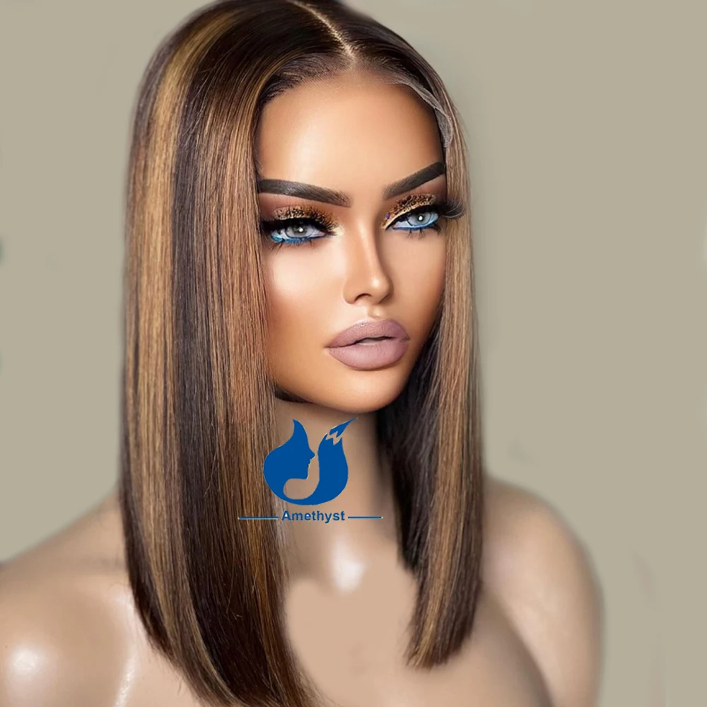 Ombre Highlight Blunt Cut Bob Human Hair 13X6 Lace Front Wig Balayage Straight Colored Short Bob Wigs for Women Brown and Blonde