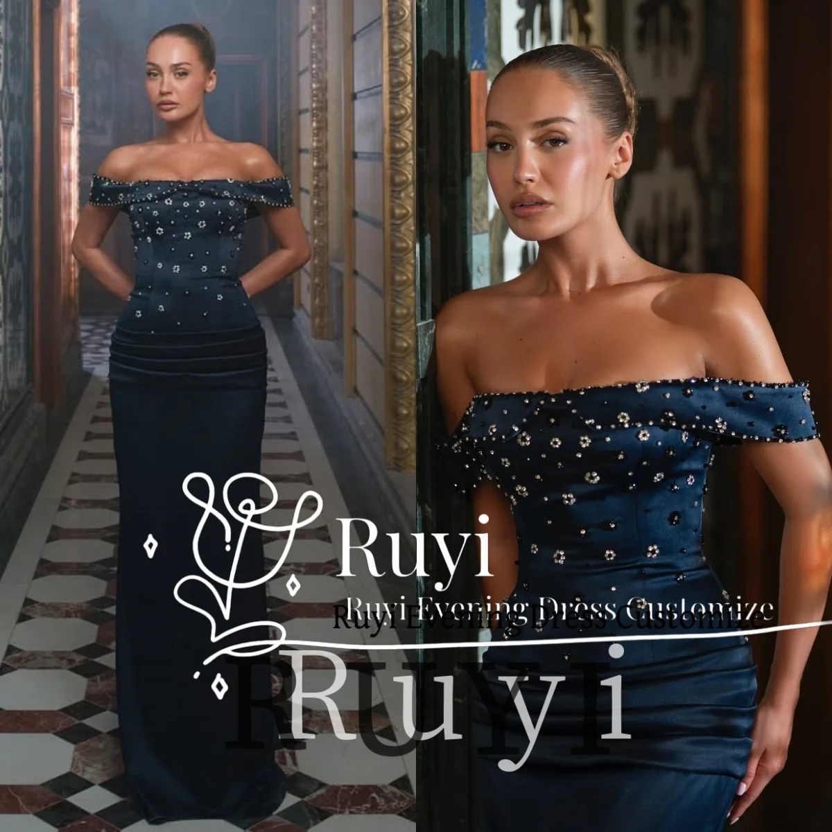 

Индивидуальные темно-синие атласные вечерние платья с открытыми плечами и бусинами, роскошное элегантное вечернее платье, свадебное платье для выпускного вечера, молния сзади