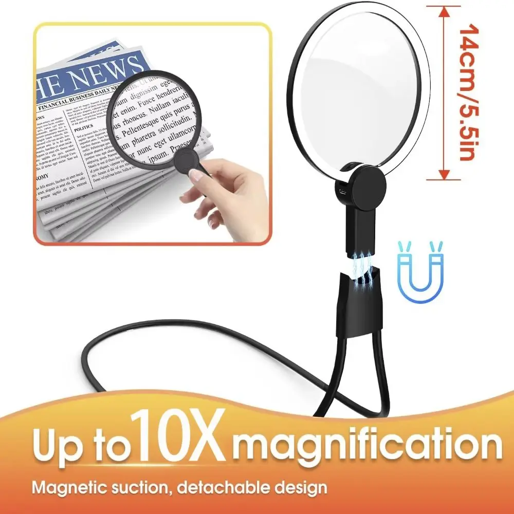 3 Color LED Lights Magnifying Glass Neck Wearing Handheld Hanging Neck Magnifying Glass Acrylic Led 10X Illuminated Magnifier