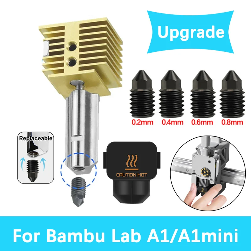 

Новый обновленный комплект Hotend для Bambu Lab A1/A1 Mini, быстрая скорость печатающей головки в сборе, 0,2/0,4/0,6/0,8 мм, латунное сопло из закаленной стали