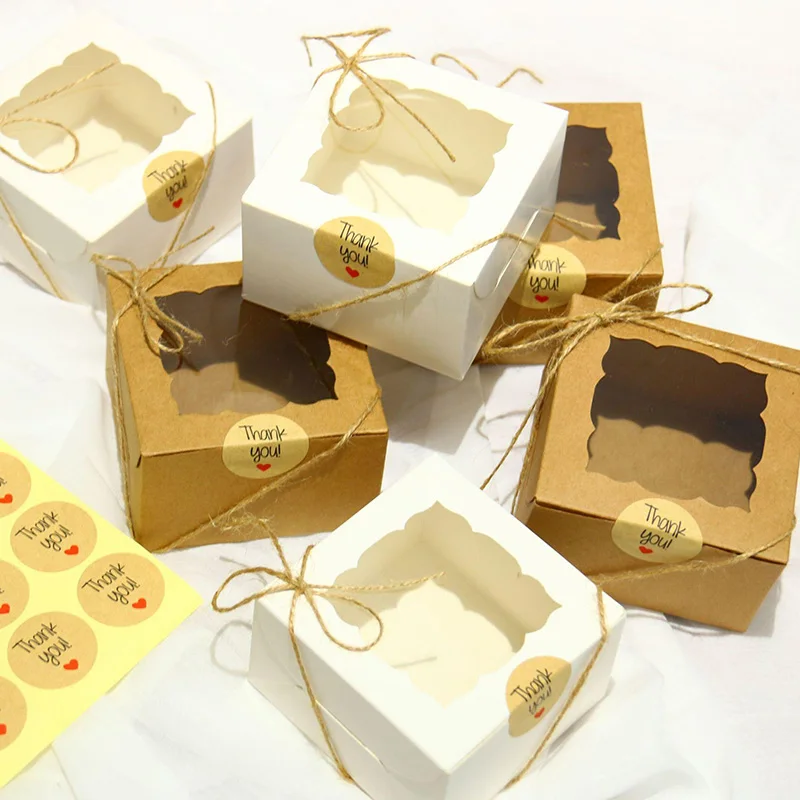 10/20Pcs Kraft Paper Open Window Gift Box Baking Cake Cup Favor Candy Packaging Boxes With Sticker Rope Wedding Party Decoration