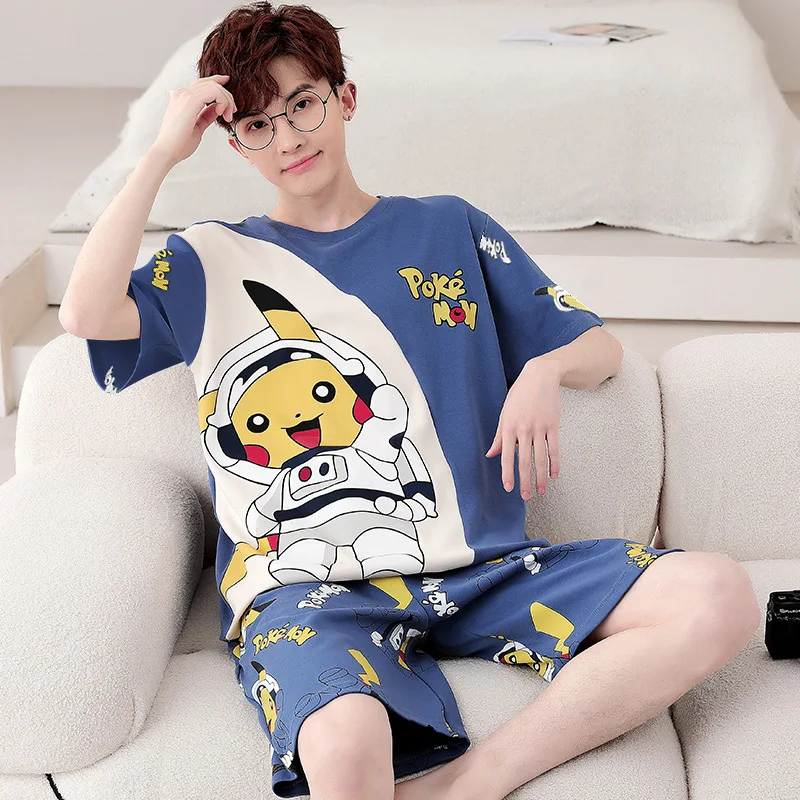 Pokemon Gengar Herren-Pyjama-Set, 2-teilig, kurzärmliges T-Shirt mit Cartoon-Streifenmuster + Shorts, Loungewear, weiche Sommer-Nachtwäsche für Herren