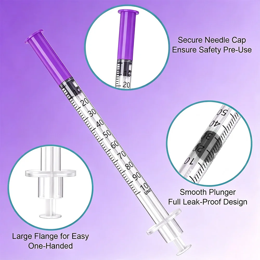 1 ml Mikro-Kunststoffspritze | 31G*6 mm violette Schutzkappe mit Schiebestange, klare Skala, nadelfreie Spritze für Laborprobenentnahme, Flüssigkeitsdosierung, Werkzeug zur Medikamentenverabreichung bei Haustieren, 30 – Detail 2
