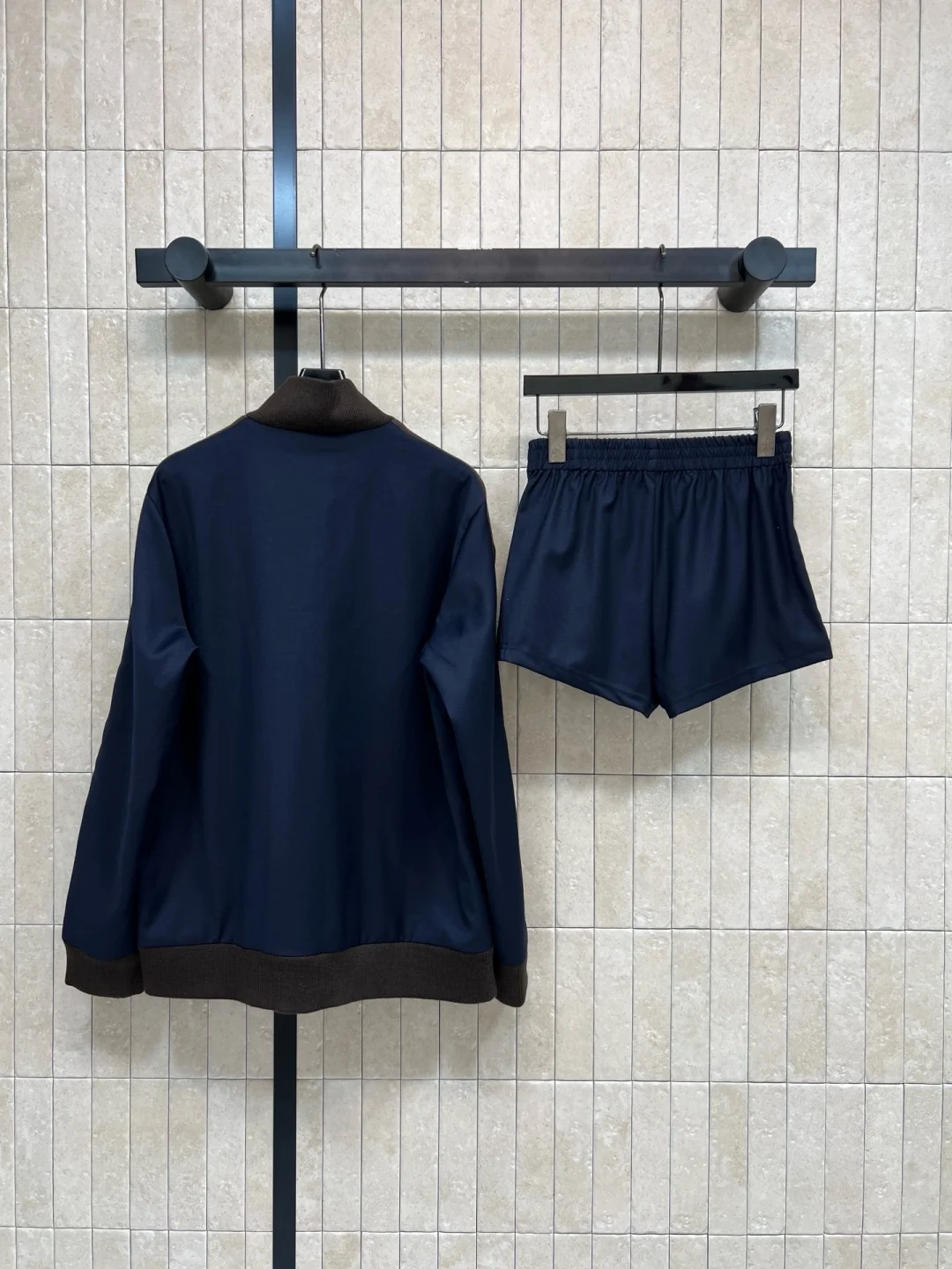 Elegant Navy & Brown Contrast Two-Piece Set Women Wool Blend Cardigan & High Waist Shorts Korean Chic Early Fall