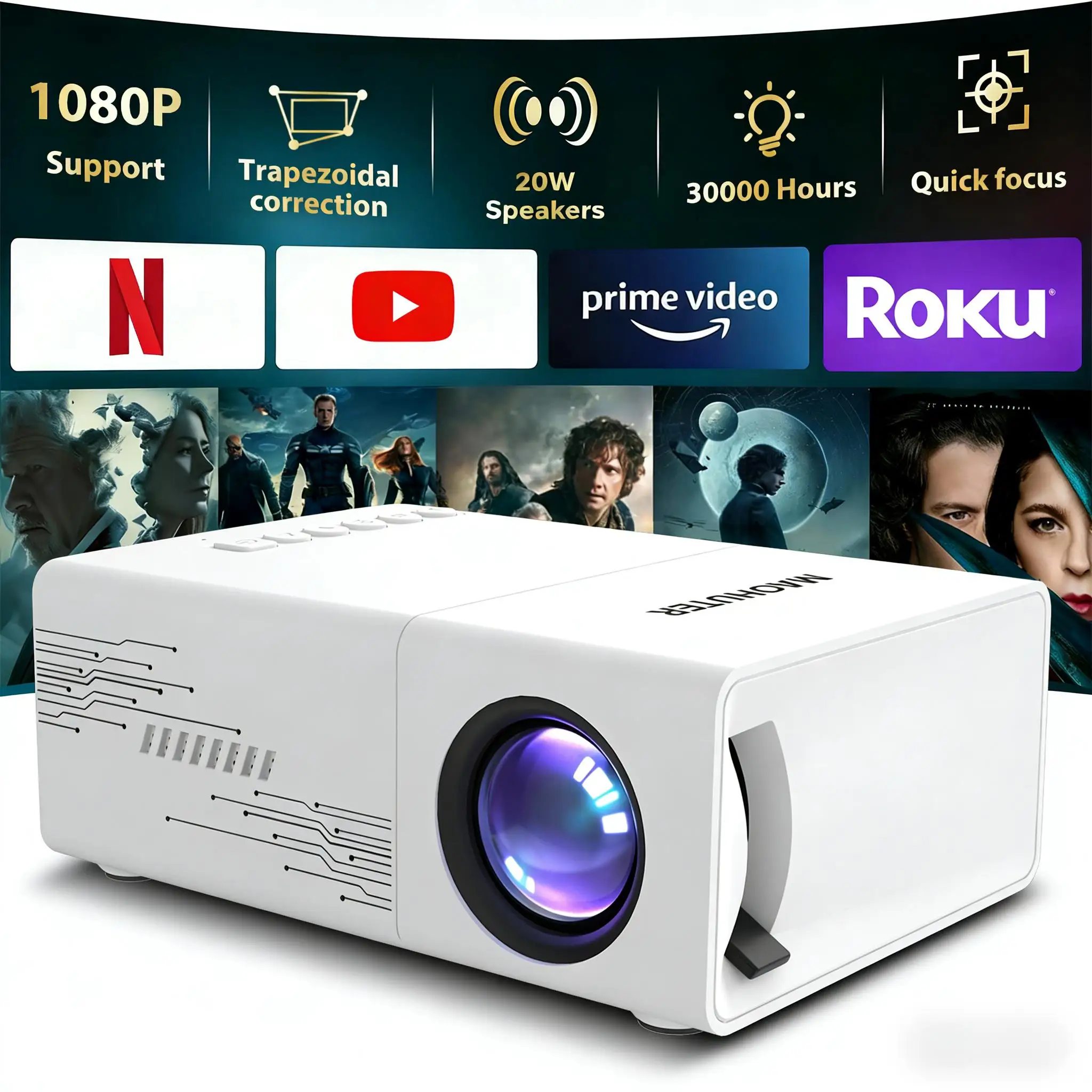 

Мини-проектор поддерживает разрешение 1080p, питание через USB, просмотр фильмов на открытом воздухе, высокую контрастность, экран с диагональю 30-100 дюймов и поддерживает вход HDMI.