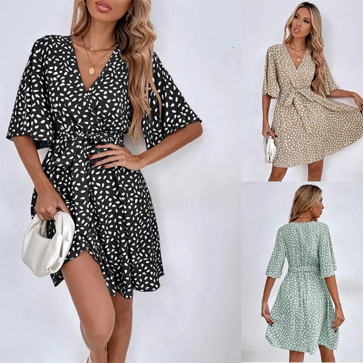 Women Boho Print Dress 2025 Summer Elegant Short Sleeve V Neck A Line Dresses Casual Loose Beach Party Sundress