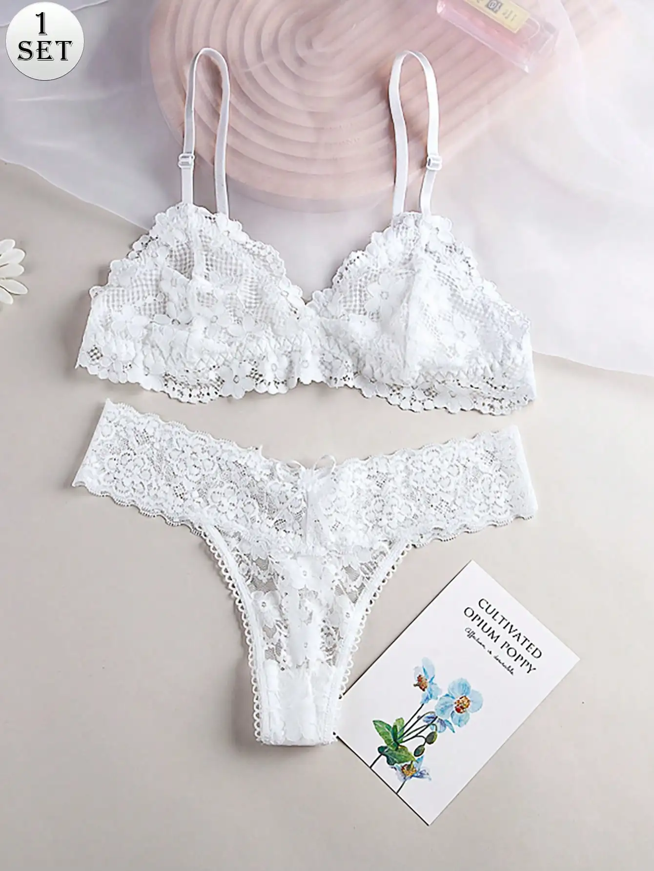 

White Lace Wireless Bra and Panty Set with Floral Embroidery, Elegant Lingerie for Women