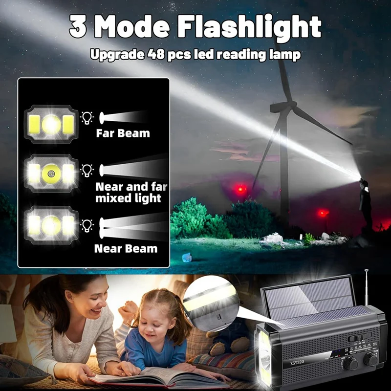 راديو الطقس في حالات الطوارئ كرنك اليد راديو بالطاقة الشمسية محمول AM/FM/NOAA مع 5 أوضاع شحن شاحن الهاتف الخليوي