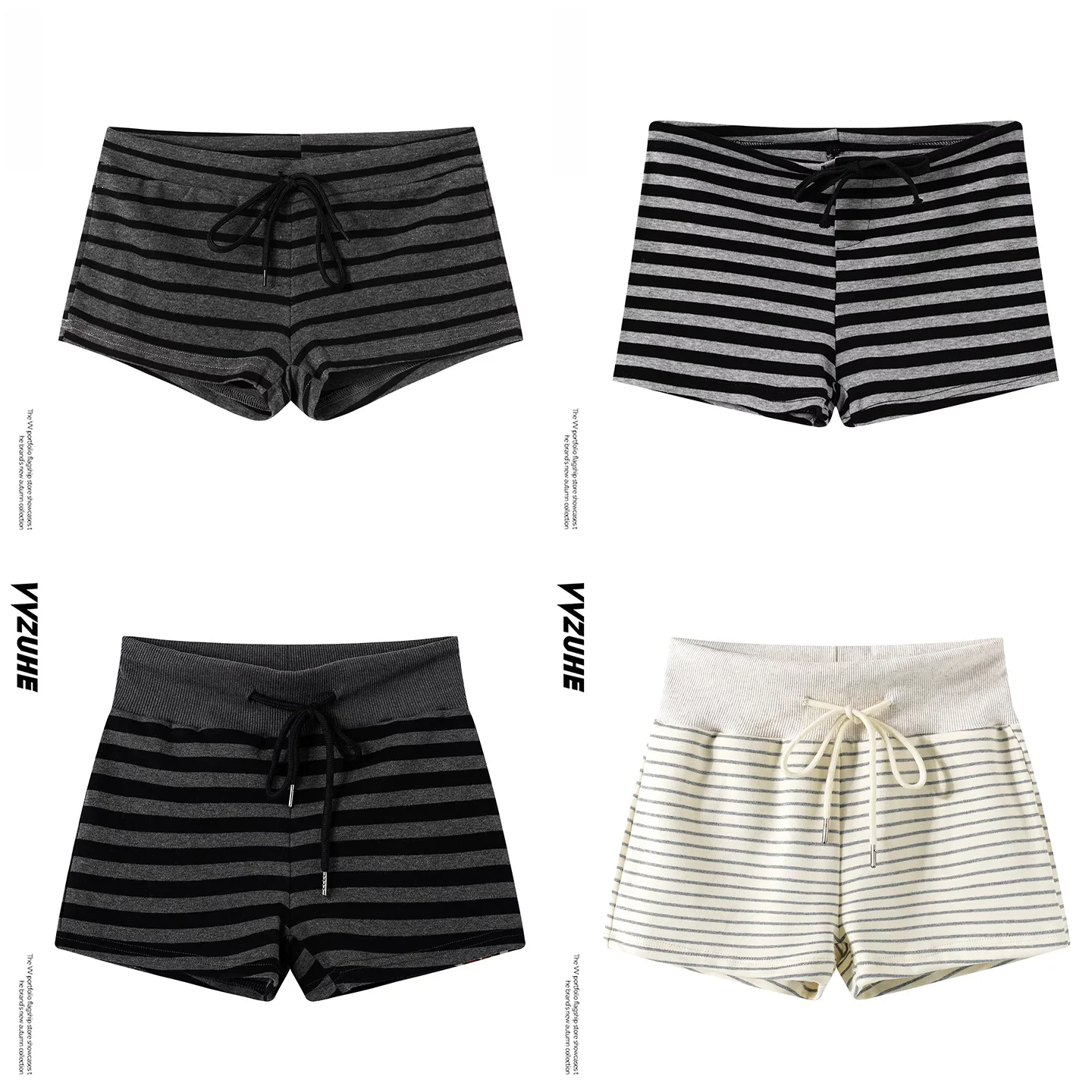 High Waist Sexy Stripe Base Layer Short Pants Women's Loose Fit Retro Black Grey Pants Casual Outerwear Hot Girl Shorts