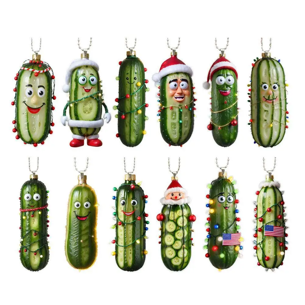 12Pcs Cucumber Christmas Tree Decorations 2D Pickle Ornaments Christmas Decorations Cute Acrylic Pendants for Holiday Home Decor